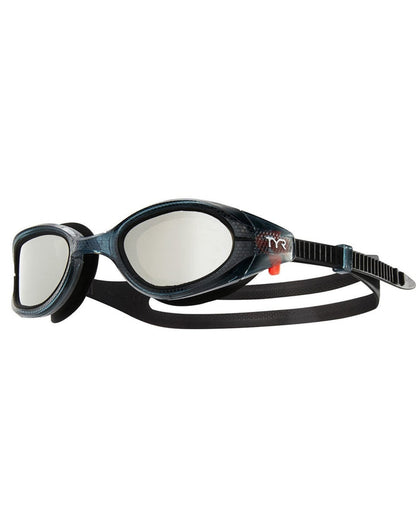 Black and silver TYR Special Ops 3.0 polarized swim goggles with adjustable strap