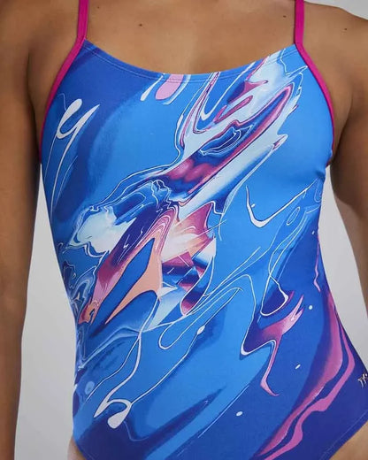 TYR women's abstract AI cutout swimsuit in royal and multi colors, featuring a stylish design and cutout details.
