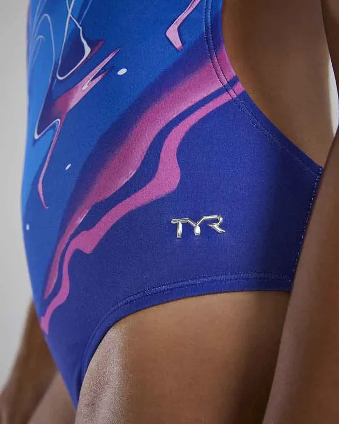 TYR women's Abstractai cutout swimsuit in royal and multi-color with stylish design and bold pattern, perfect for swimming and beachwear.