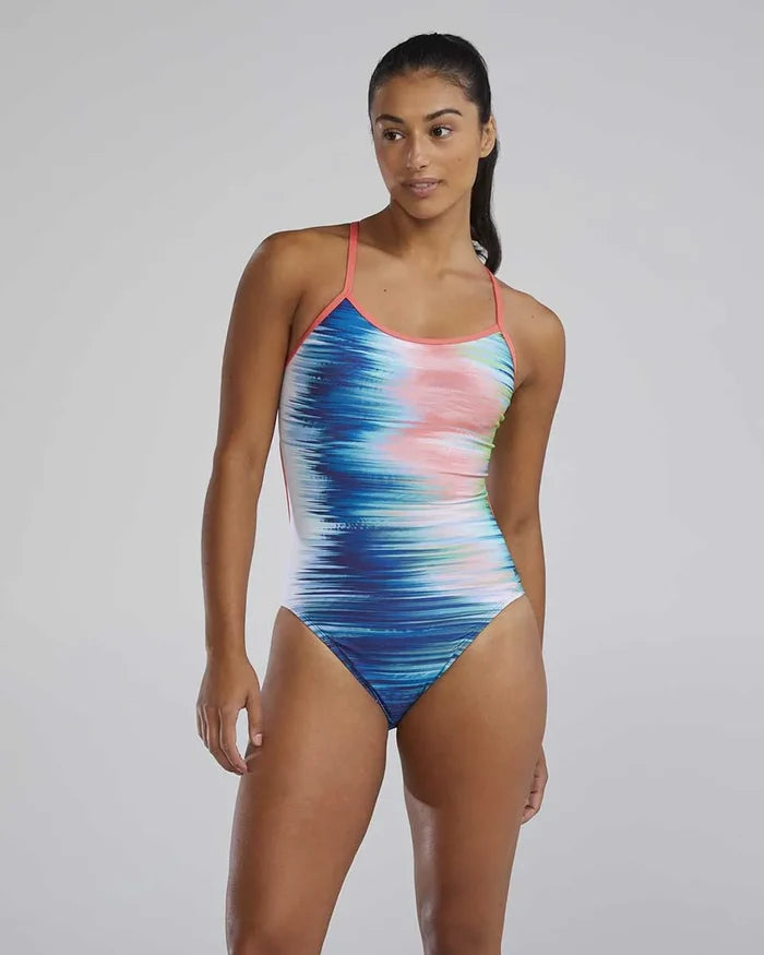 TYR Women's Bravura Trinityfit Swimsuit in white and multi-color, showcasing a sleek, supportive swimwear design for women.