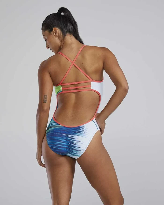 TYR Womens Bravura Trinityfit swimsuit in white and multi-color, featuring a sleek design and supportive fit, ideal for swimming.