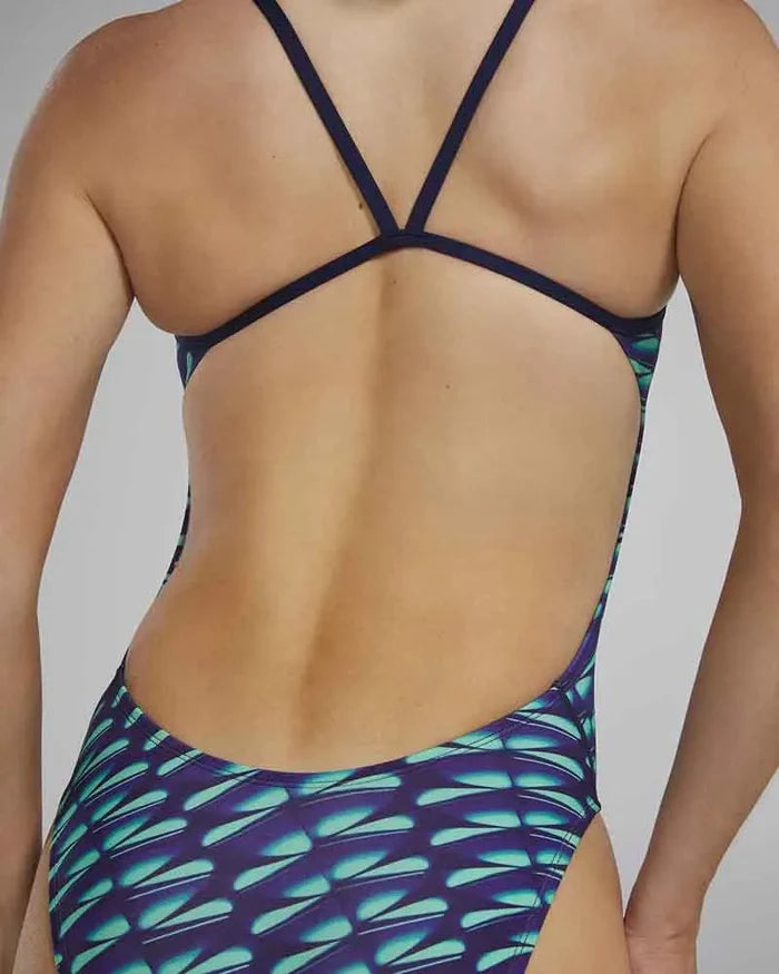 TYR Women's Dragonflyte Cutoutfit Swimsuit in green and navy, showcasing stylish design and cutout details on a sleek swimsuit.