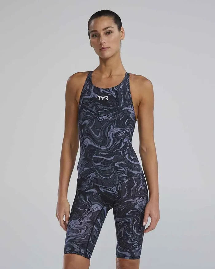TYR Women's Thresher Hyperblitz openback kneeskin in titanium, showcasing sleek design and fit for competitive swimming.