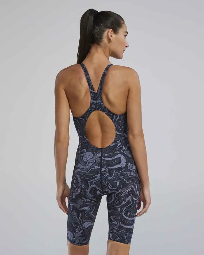 TYR Womens Thresher Hyperblitz openback kneeskin in titanium, close-up of sleek swimwear fabric and design details.