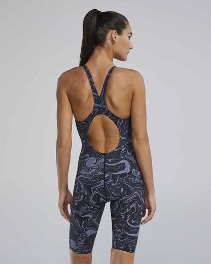 TYR Womens Thresher Hyperblitz openback kneeskin in titanium, close-up of sleek swimwear fabric and design details.