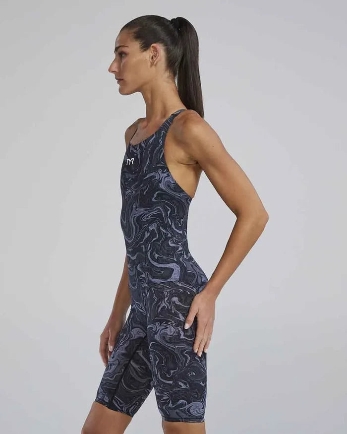 TYR Women's Thresher Hyperblitz openback kneeskin in titanium, close-up of sleek black swim kneesuit with open back design.
