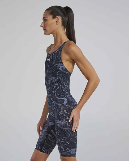 TYR Women's Thresher Hyperblitz openback kneeskin in titanium, close-up of sleek black swim kneesuit with open back design.