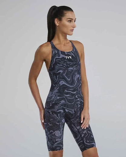 TYR Womens Thresher Hyperblitz openback kneeskin swimsuit in titanium, designed for competitive swimming, showing the sleek fit and open back.