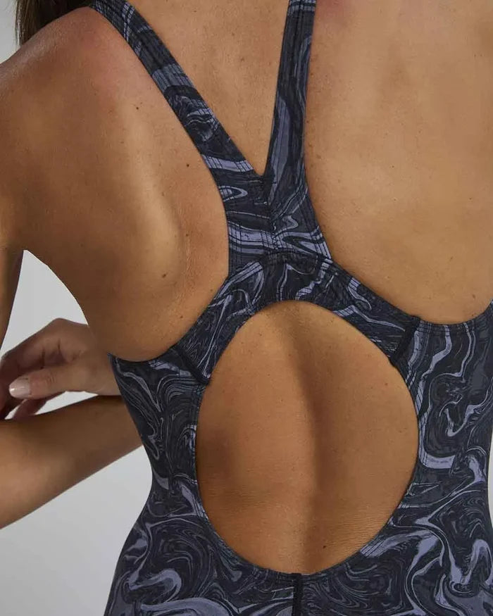 TYR Women's Thresher Hyperblitz open-back kneeskin wetsuit in titanium for competitive swimming, featuring a sleek design and flexible fit.