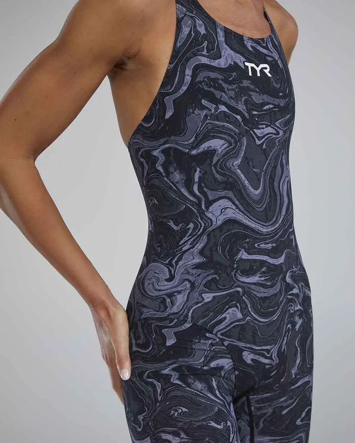 TYR Womens Thresher Hyperblitz openback kneeskin swimsuit in titanium, designed for competitive swimming with sleek, streamlined fit.