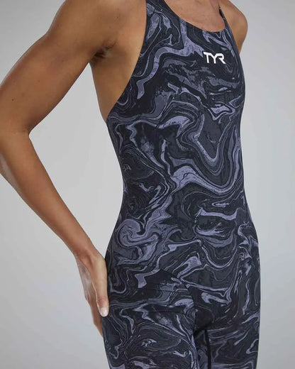 TYR Womens Thresher Hyperblitz openback kneeskin swimsuit in titanium, designed for competitive swimming with sleek, streamlined fit.