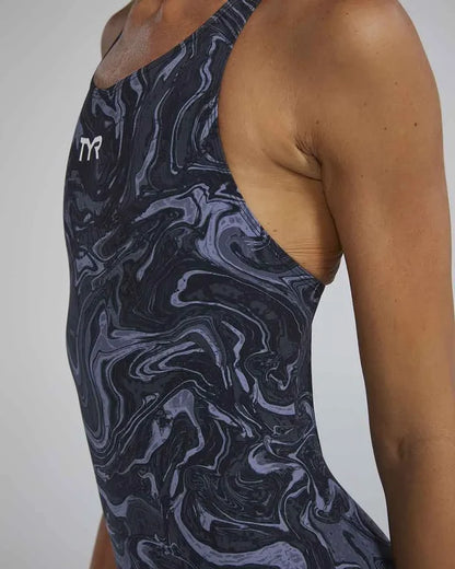 TYR Womens Thresher Hyperblitz openback kneeskin wetsuit in titanium, designed for competitive swimming, with sleek fit and minimal coverage.