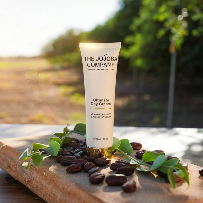 Tube of 'The Jojoba Company' Ultimate Day Cream on a stone surface with jojoba beans and leaves.
