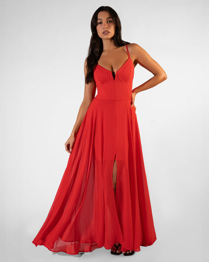 Full body view of Vixen Corset Maxi Dress - Red on model