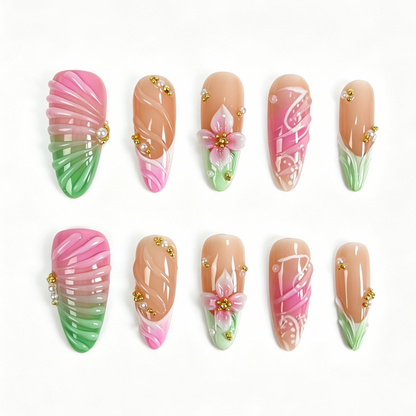 Medium Almond Press On Nails, Pink Green 3D Floral Pearl Gold Bead Fake Nail Set