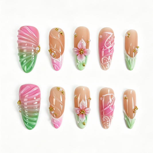Medium Almond Press On Nails, Pink Green 3D Floral Pearl Gold Bead Fake Nail Set
