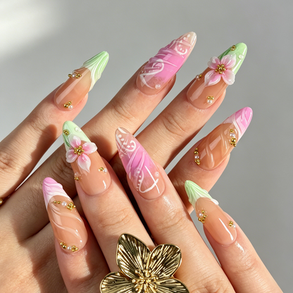 Close Up Nail Art, 3D Pink Flower Pearl Gold Bead Embossed Decor