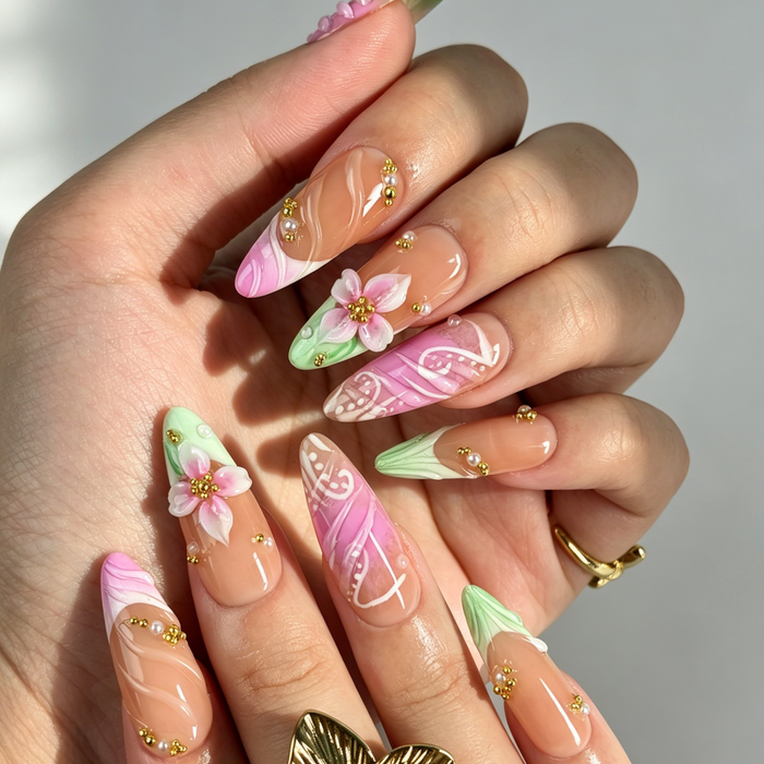 Soft Spring Floral Press On Nails, Medium Almond Gradient Fake Nails