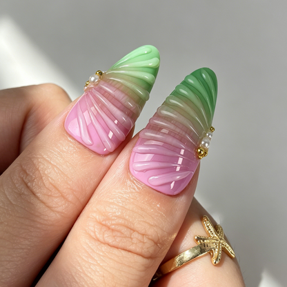 Long Almond Shape Hand Painted Glossy False Nails for Daily Wear