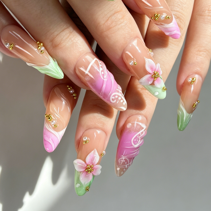 Spring Gradient Floral Press On Nails, Nude Pink Green Flower Nails on Hand