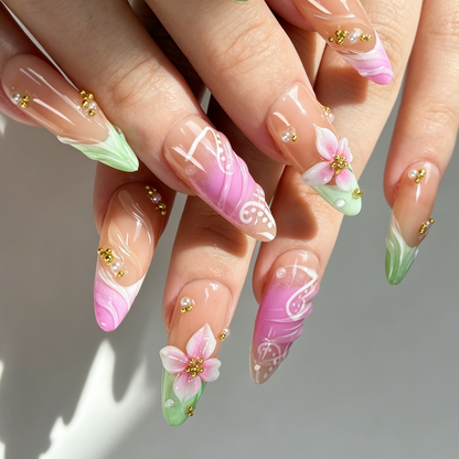 Spring Gradient Floral Press On Nails, Nude Pink Green Flower Nails on Hand