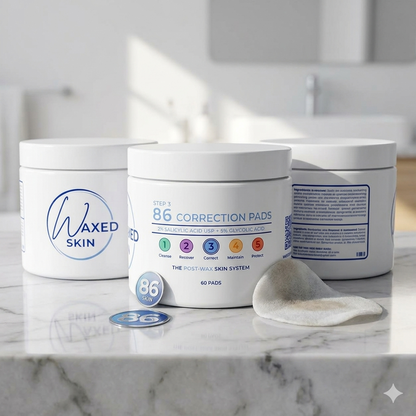 Three jars of 86 Correction Pads Step 3 Correct post-wax skincare pads for ingrown hairs, bumps, clogged pores, and smoother-looking skin between waxing appointments