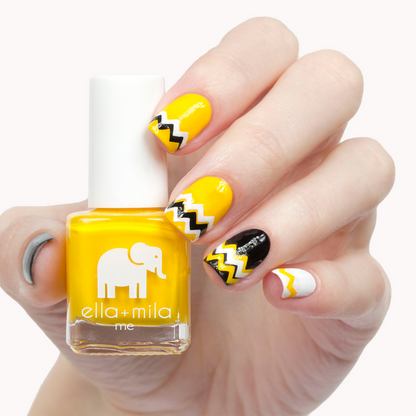 Wheels on the Bus yellow nail polish with black chevron accent nail art