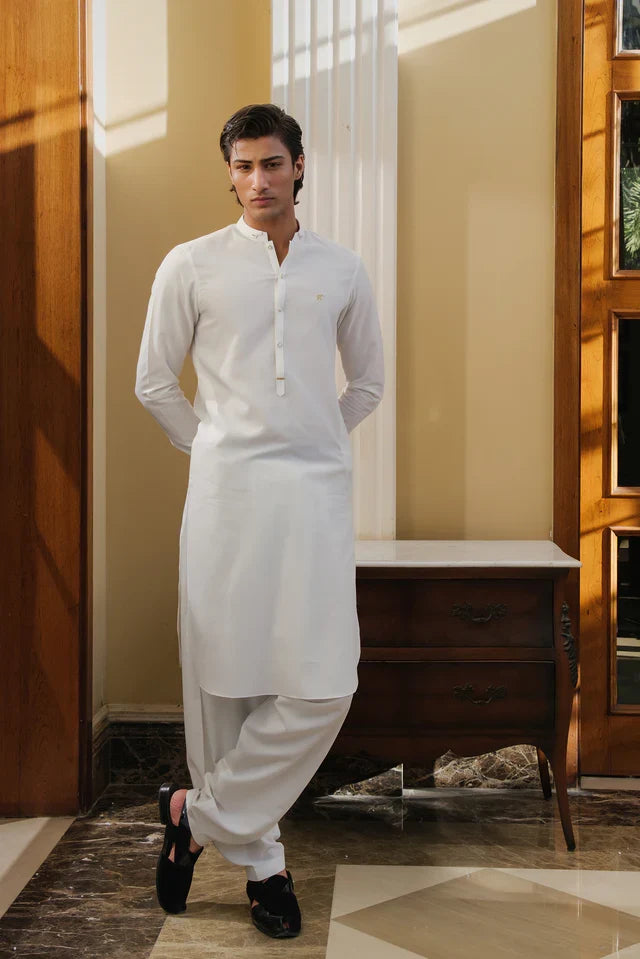 WHITE SELF TEXTURE WASH N WEAR SHALWAR KAMEEZ