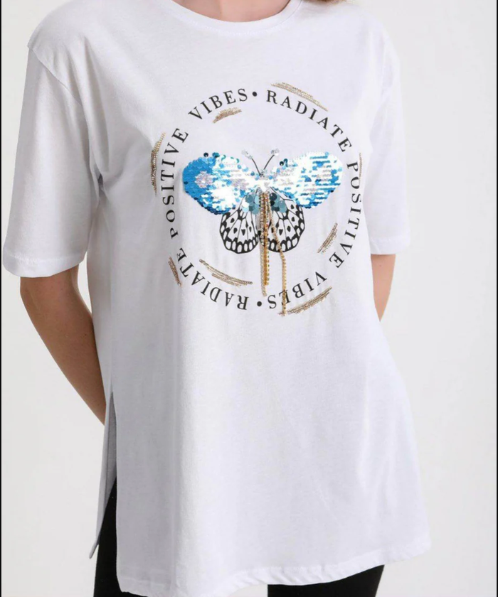 White Sequin Butterfly Cotton T-Shirt