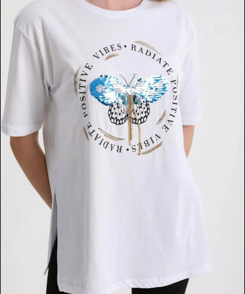 White Sequin Butterfly Cotton T-Shirt