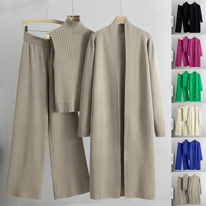 Women's 3-Piece Knit Set - Sleeveless Vest, Long Cardigan & Wide-Leg Pants