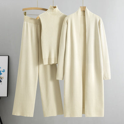 Women's 3-Piece Knit Set - Sleeveless Vest, Long Cardigan & Wide-Leg Pants