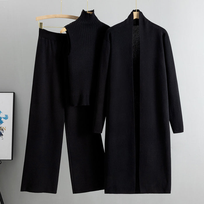 Women's 3-Piece Knit Set - Sleeveless Vest, Long Cardigan & Wide-Leg Pants