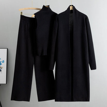 Women's 3-Piece Knit Set - Sleeveless Vest, Long Cardigan & Wide-Leg Pants