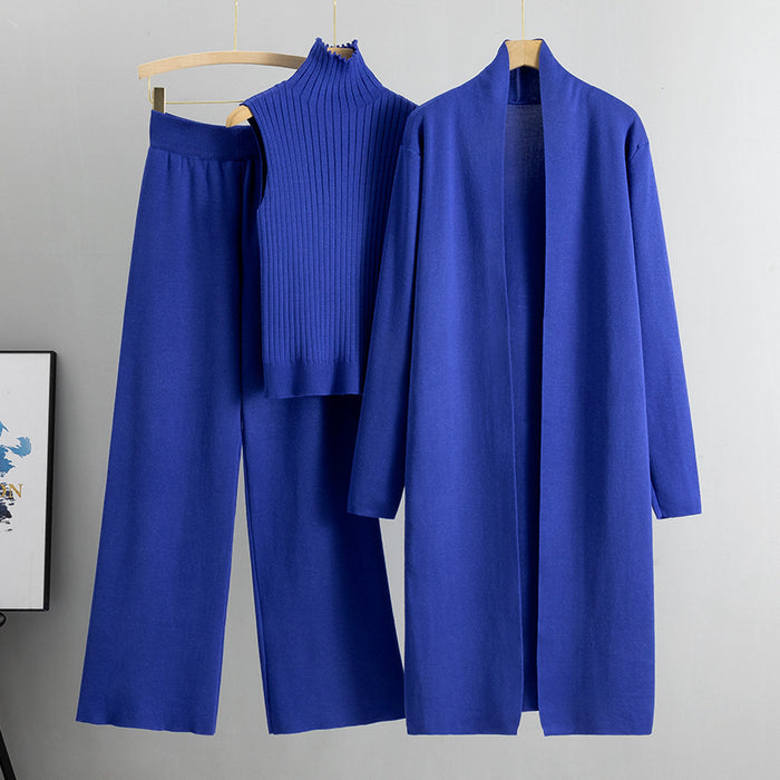 Women's 3-Piece Knit Set - Sleeveless Vest, Long Cardigan & Wide-Leg Pants