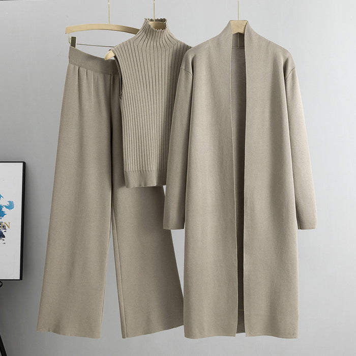Women's 3-Piece Knit Set - Sleeveless Vest, Long Cardigan & Wide-Leg Pants