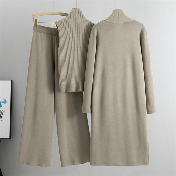 Women's 3-Piece Knit Set - Sleeveless Vest, Long Cardigan & Wide-Leg Pants