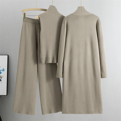 Women's 3-Piece Knit Set - Sleeveless Vest, Long Cardigan & Wide-Leg Pants
