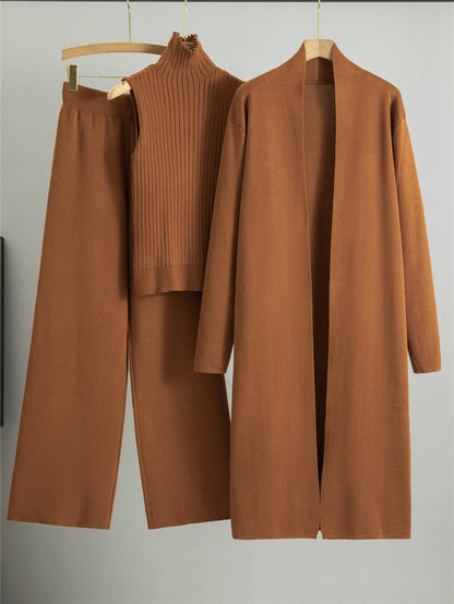 Women's 3-Piece Knit Set - Sleeveless Vest, Long Cardigan & Wide-Leg Pants