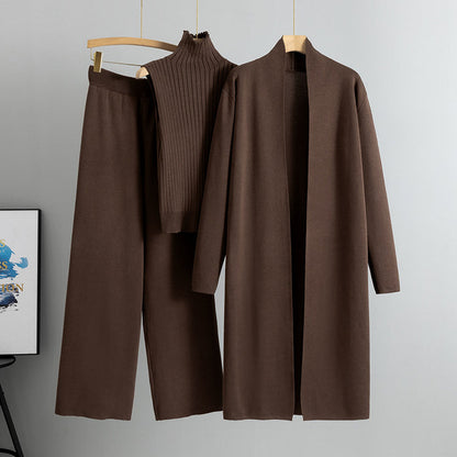 Women's 3-Piece Knit Set - Sleeveless Vest, Long Cardigan & Wide-Leg Pants