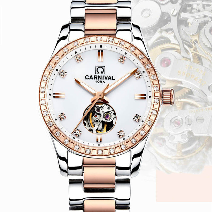 Women's Automatic Mechanical Watch - Rose Gold Diamond Waterproof Fashion Watch