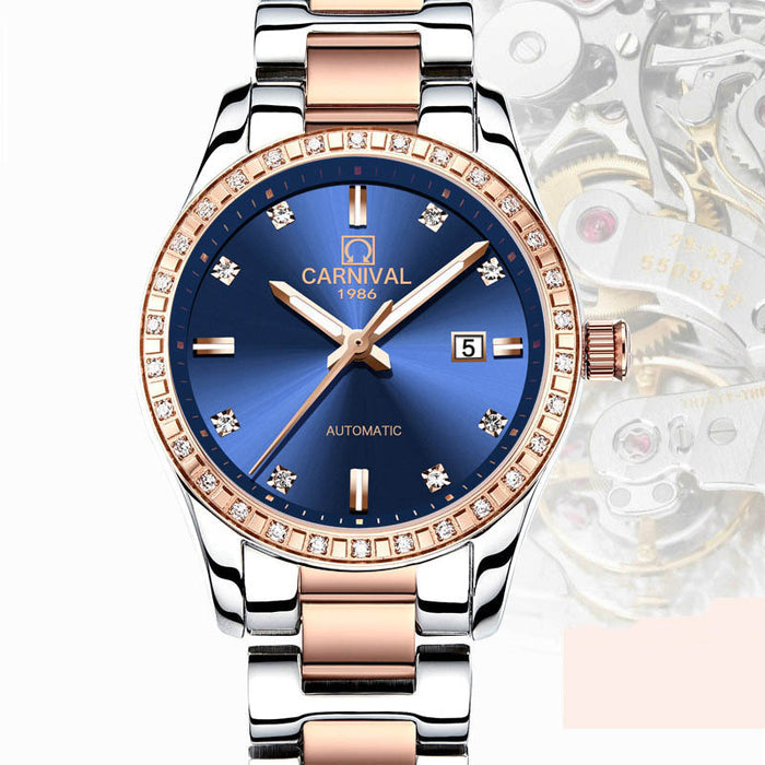 Women's Automatic Mechanical Watch - Rose Gold Diamond Waterproof Fashion Watch