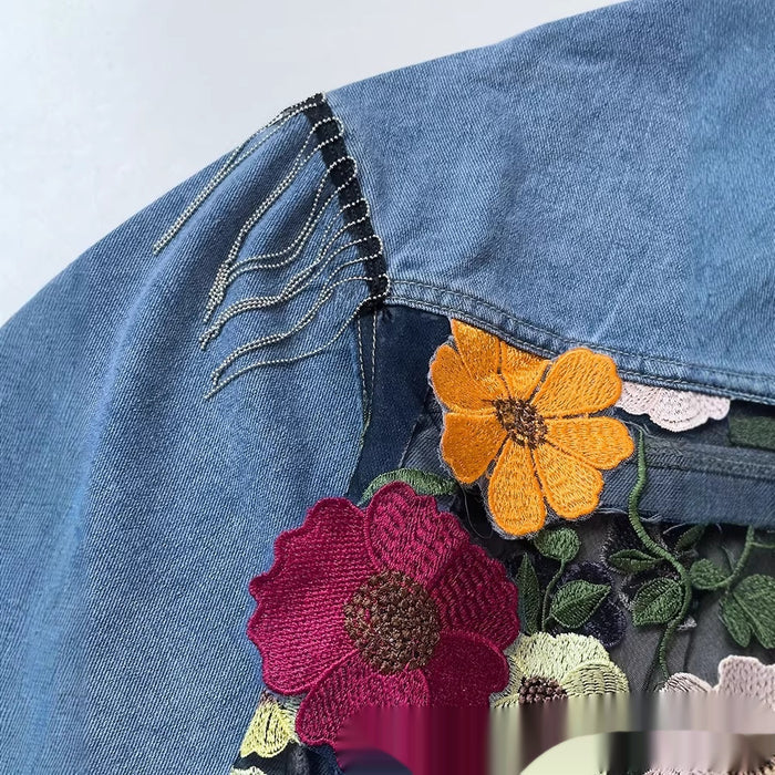 Women's Blue Denim Jacket — Embroidered Floral Lace Panels & Turn-Down Collar
