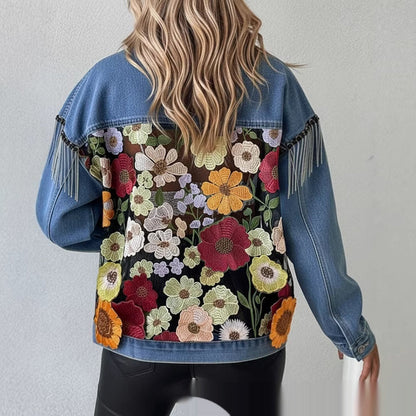 Women's Blue Denim Jacket — Embroidered Floral Lace Panels & Turn-Down Collar