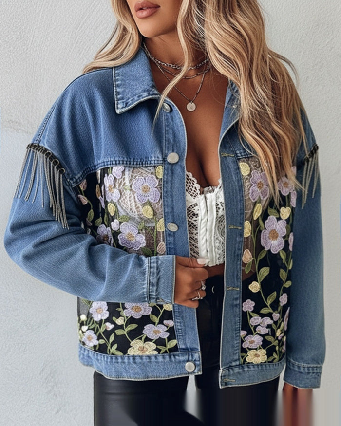 Women's Blue Denim Jacket — Embroidered Floral Lace Panels & Turn-Down Collar