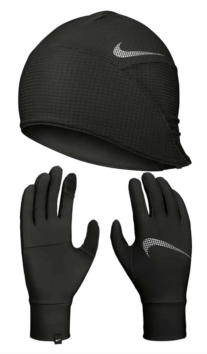 Nike women's black hat and glove set, stylish scarves and gloves for cold weather, made for comfort and warmth.