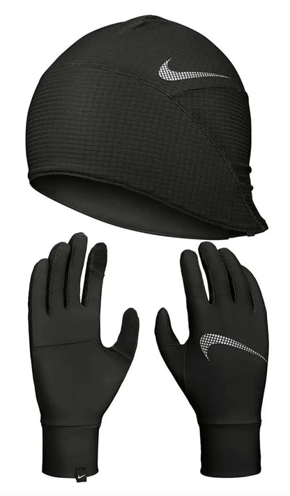 Nike women's black hat and glove set, stylish scarves and gloves for cold weather, made for comfort and warmth.