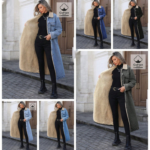 Women's Long Fleece-Lined Denim Jacket — Loose Streetwear Style