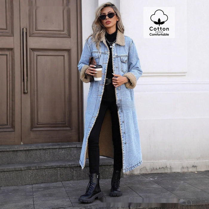 Women's Long Fleece-Lined Denim Jacket — Loose Streetwear Style