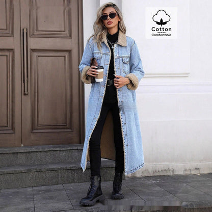 Women's Long Fleece-Lined Denim Jacket — Loose Streetwear Style